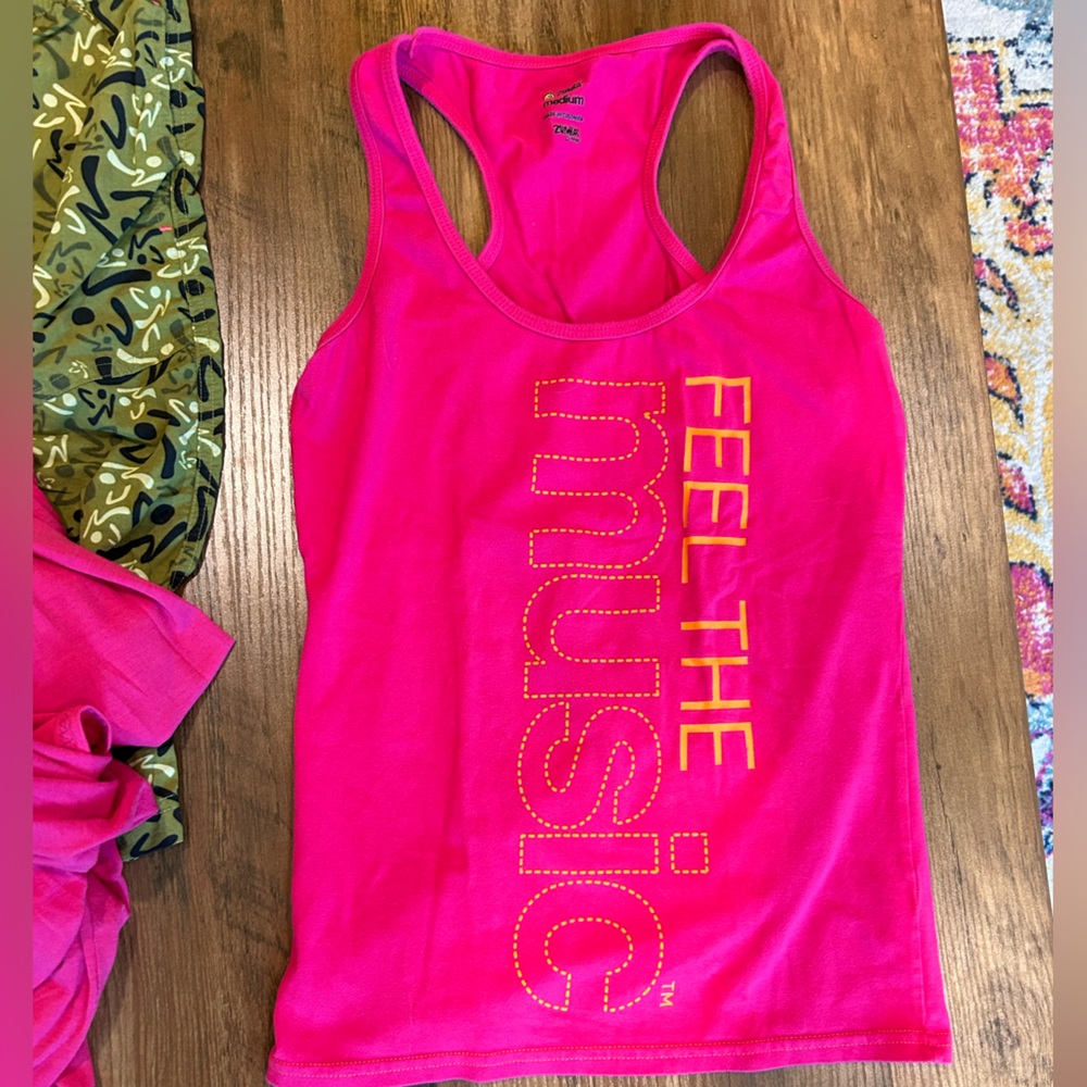 Zumba Fitness Pink Tank, camo cropped pant, camo shorts, light cardigan, fun top - Picture 13 of 14